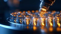 Automated pharmaceutical manufacturing process with glowing amber liquid being dispensed into glass vials on production line, illuminated by dramatic lighting.