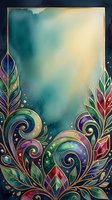 Watercolor gradient background with teal, cream, and gold tones featuring ornate decorative borders with colorful swirls, leaves, and gold accents. Suitable for invitations, greeting cards, and design projects.