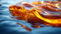 Glowing amber liquid wave creates dynamic splash against deep blue water background, capturing mesmerizing interplay of light and fluid motion in macro photography.