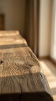 Rustic weathered wooden plank with natural grain patterns and knots in warm sunlight, showcasing organic texture for interior design and carpentry projects.