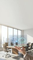 Business professional displaying holographic digital interface with connected icons in modern conference room for technology presentations.