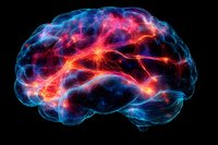 Glowing neural network visualization showing brain connectivity with vibrant blue and orange energy pathways against black background for medical and science designs.