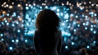 Young African American woman silhouette with curly hair against blurred city lights at night, creating atmospheric bokeh effect. Back view contemplative mood.