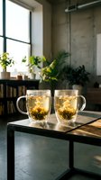 Two glass mugs of blooming flower tea on wooden table in modern loft apartment with concrete walls and green plants creating peaceful morning atmosphere.