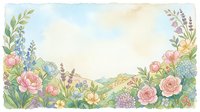Soft watercolor floral border frame with pastel roses, peonies, and wildflowers on a light background, perfect for greeting cards and invitations.
