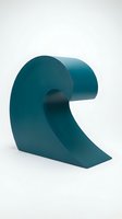 Modern teal blue curved geometric sculpture with smooth flowing lines on white background for contemporary art and design projects.