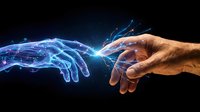 Human hand reaching toward digital holographic hand with glowing blue energy connections representing AI technology and human-machine interaction.