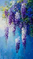 Cascading wisteria blooms in purple and white against vibrant blue sky, painted with bold palette knife technique creating textured floral artwork.