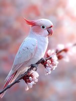 White cockatoo perched on blooming cherry branch against soft pink background, feathers ruffled by gentle breeze, displaying elegant pose among delicate spring blossoms.