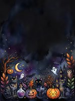 Spooky Halloween night scene with black cats, jack-o-lanterns, haunted castle, ghosts, moon, and autumn foliage on dark starry background. Perfect for seasonal designs.