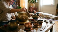 Traditional tea ceremony with brass teapot and copper bowls on wooden table in warm sunlit room creating peaceful meditation atmosphere for wellness rituals.