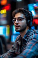 Young Middle Eastern man with glasses and headphones in plaid shirt against blurred neon city lights background, looking thoughtfully into distance.