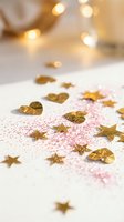 Golden star confetti and pink glitter scattered on white surface with warm bokeh lights creating festive party atmosphere for celebrations and events.