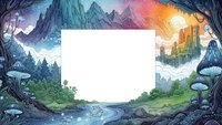Fantasy landscape frame with mountains, forest, river and magical mushrooms surrounding blank white space for text or design.