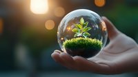 Young green plant growing inside glass sphere on moss with bokeh background, held gently in palm. Environmental conservation and sustainable growth concept.