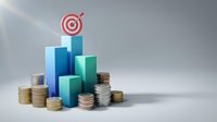 Business growth and financial success concept with stacked coins, rising bar chart, and target bullseye arrow symbolizing strategic goals and profit achievement.