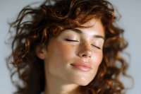 Young woman with closed eyes, natural freckles and curly brown hair enjoying peaceful moment against light background, expressing serenity and mindfulness.