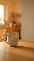 Empty ceramic mug on wooden table in sunlit kitchen with warm interior background, suitable for beverage, lifestyle and home decor projects.