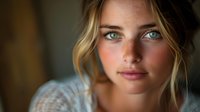 Young Caucasian woman with striking blue eyes and blonde hair in soft natural lighting gazes directly at camera with gentle expression. Artistic portrait with shallow depth of field.