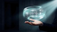 Businessperson holding glowing holographic interface with digital icons and data visualization, representing technology innovation, artificial intelligence, and futuristic business solutions.