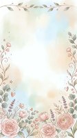 Watercolor floral frame with pink roses, lavender, eucalyptus leaves, and decorative elements on soft pastel background. Isolated design ready for invitations, greeting cards, and stationery projects.