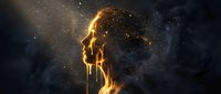 Silhouette of woman with flowing hair surrounded by golden sparks and particles against dark starry background for creative projects.