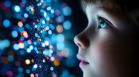 Young child gazing at magical blue bokeh lights with wonder and amazement, side profile view showing bright eye reflection against dark background with glowing particles.