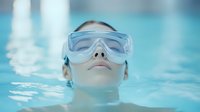 Young Caucasian woman wearing protective goggles floating in blue swimming pool water, face partially submerged showing serene expression and relaxation.