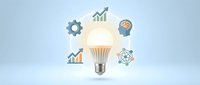LED light bulb glowing with business innovation icons including gears, growth charts, brain and network symbols on clean background.