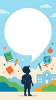 Silhouette of young student with backpack standing in front of school building, surrounded by educational supplies, books, globe, and floating speech bubble for back-to-school designs.