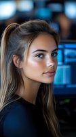 Young blonde businesswoman with blue eyes in modern office environment with digital screens and technology background for corporate communications.