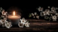 Glowing candle in glass jar surrounded by delicate white cherry blossoms on rustic wooden surface against dark background, creating serene atmosphere.