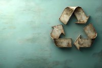 Vintage grunge recycling symbol on mint green background with weathered metal texture and copy space, environmental conservation concept.