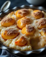 Baked apricot and cinnamon custard tart with caramelized fruit topping in ceramic dish, perfect for bakery, dessert, and food photography projects.