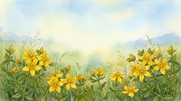 Watercolor meadow with bright yellow St. John's wort flowers, green stems, and soft mountain backdrop in pastel tones. Nature art print.
