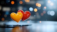 Red and yellow heart shapes floating above reflective surface with soft bokeh lights in blue background creating romantic atmosphere for Valentine's Day or love concept.