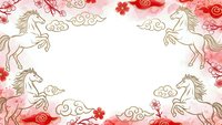 Chinese New Year frame with golden horses, red clouds and plum blossoms on white background. Traditional Asian border design for festive greeting cards.