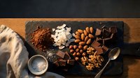 Chocolate ingredients on dark slate board with cocoa powder, nuts, spices and chocolate pieces for baking and confectionery preparation.
