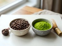 Coffee beans and matcha green tea powder in ceramic bowls with bamboo whisk on marble counter for healthy beverage preparation and culinary use.