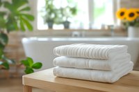 Stack of fresh white cotton bath towels neatly folded on wooden table in bright bathroom interior with plants and natural light, spa wellness concept.