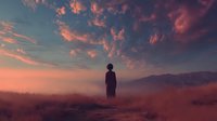 Silhouette of person standing in golden field at sunset with dramatic pink clouds and mountains in background, creating atmospheric landscape.