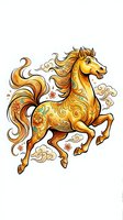 Ornate golden horse with flowing mane and tail, decorated with floral patterns and swirling clouds, isolated on white background for design use.