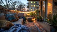 Cozy autumn evening on decorated porch with string lights, comfortable outdoor furniture, throw pillows, blankets and pumpkin decor creating warm ambiance.