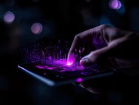 Futuristic smartphone interaction with glowing purple holographic projection emerging from screen as finger touches display in dark atmospheric setting.