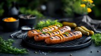 Grilled sausages with grill marks on black plate, served with fresh herbs, pickles and mustard sauce. Dark moody food photography for restaurant menu.