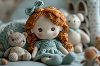 Handmade crochet doll with ginger braided hair wearing mint green dress sits next to knitted teddy bear toy against soft blurred background of plush animals.