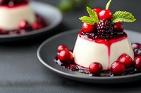 Creamy panna cotta dessert topped with fresh cranberries, blackberries and mint garnish on dark plate. Elegant restaurant presentation for menu photography.