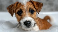 Adorable small terrier puppy with brown and white fur enjoying bubble bath in white bathtub with soap suds covering head and body.