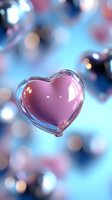 Pink heart-shaped bubble floating in dreamy blue atmosphere with soft bokeh lights and reflective surface, romantic Valentine concept for greeting cards and social media.