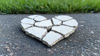 Broken heart shape made from cracked concrete pieces on asphalt ground with green grass in background, symbolizing relationship problems and emotional pain.